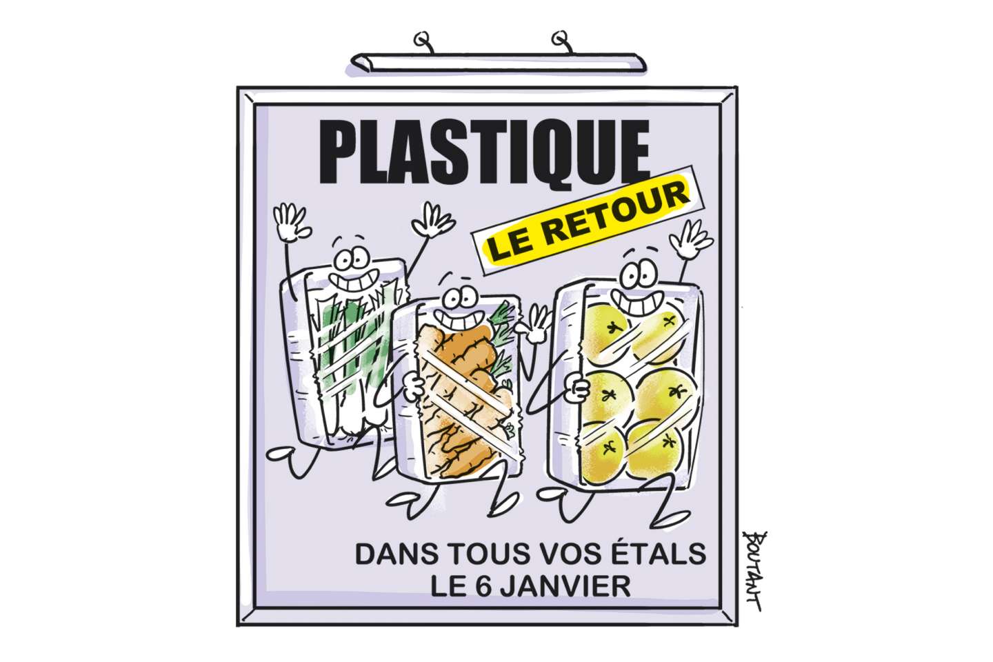 Vente de fruits et légumes sous emballage plastique